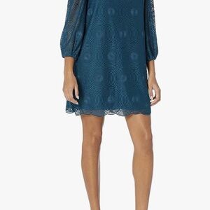 Trina Turk Teal High Neck Palm Colony Lace Shift Dress